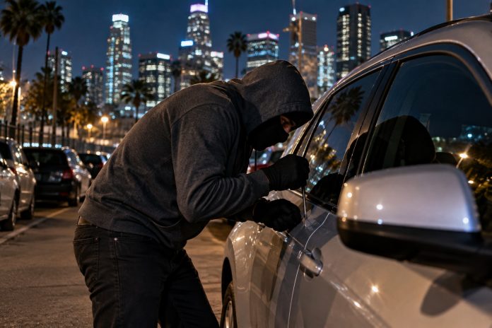 Intruso enmascarado junto al coche