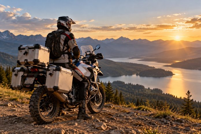 Motociclista contemplando el valle dorado